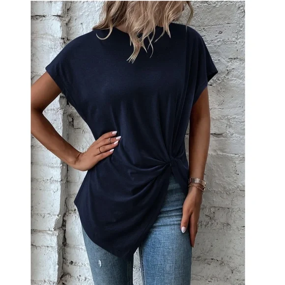 Twist Detail Blue Tee Shirt Short Sleeve Round Neck - Picture 4 of 12